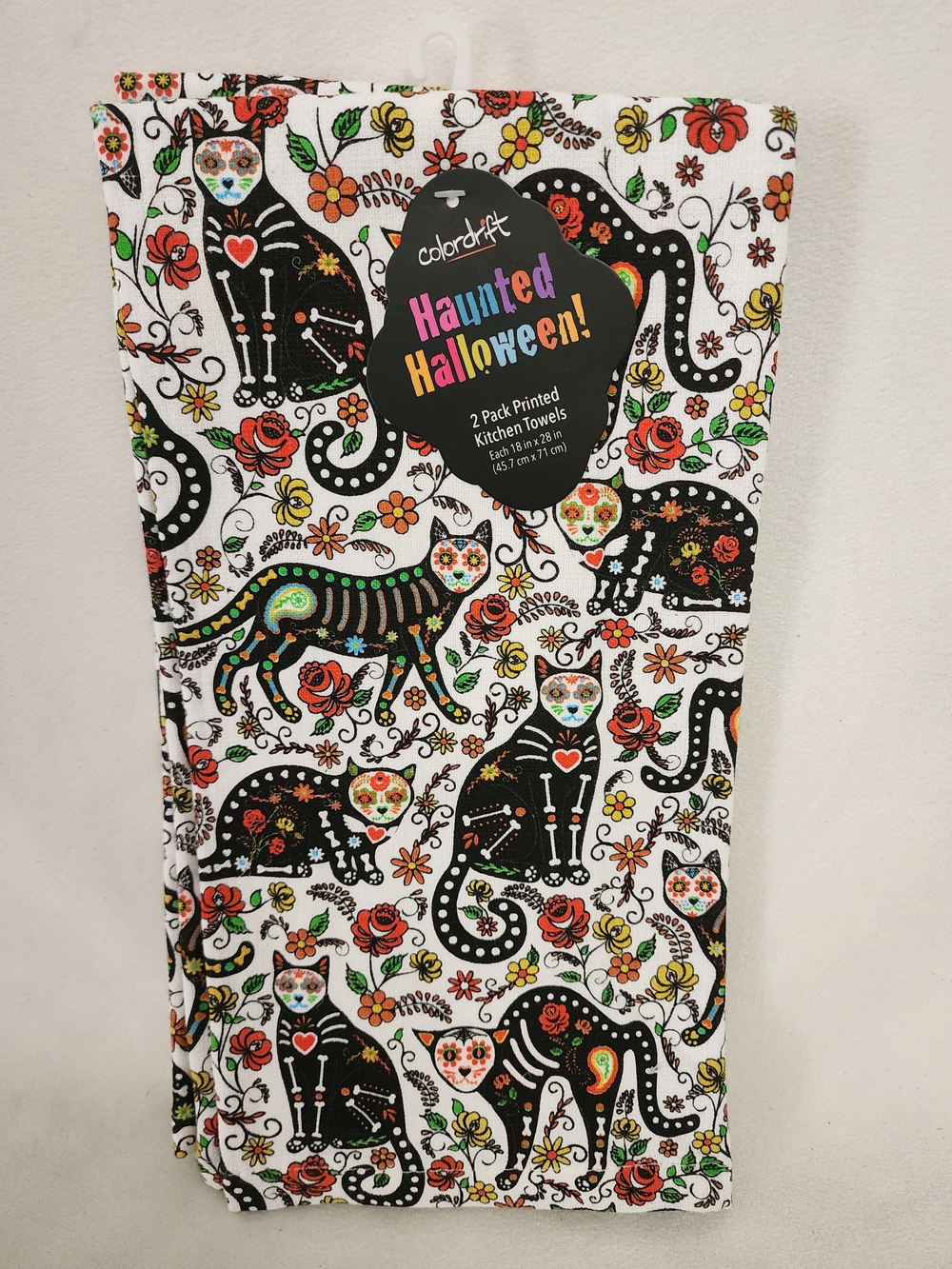 Haunted Halloween Black Floral Sugar Skull Cats Kitchen Towel